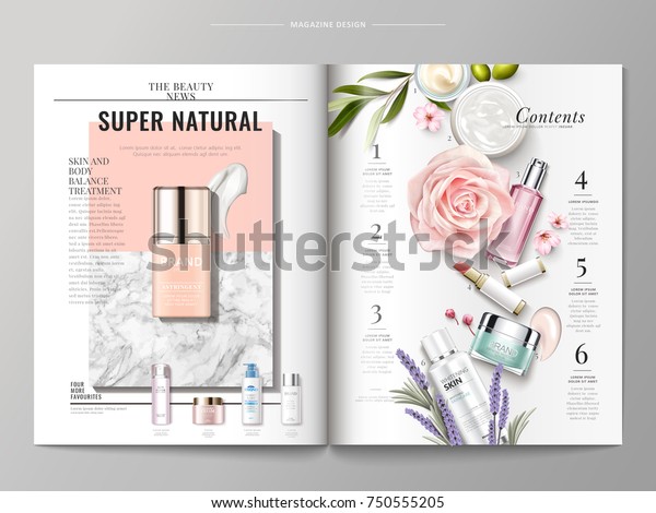 Cosmetic magazine template, top\
view of container and cream texture isolated on marble and\
geometric background, products listed on the right side, 3d\
illustration