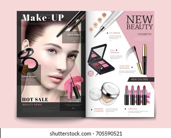 Cosmetic magazine template, trendy cosmetic products with model portrait in 3d illustration, magazine or catalog brochure for design uses