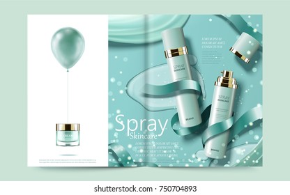 Cosmetic magazine template, turquoise refreshing products for moisturizing isolated on sparkling background, 3d illustration