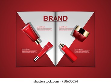 Cosmetic magazine template, two tone color with skin care set