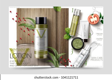 Cosmetic Magazine Template, Verbena Lotion On Wooden Table, 3d Illustration