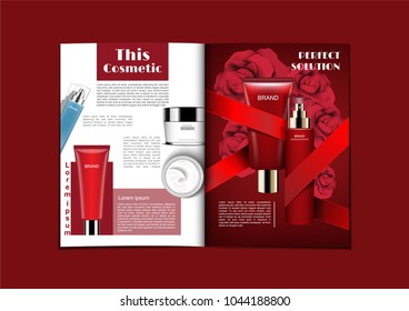 Cosmetic magazine in white and red theme with red ribbon and roses