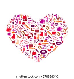cosmetic, make up and beauty icons and background heart shape. 