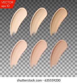 Cosmetic make up beige liquid foundation smudges range of colors on transparent background. Vector Illustration