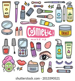 Cosmetic and make up, colorful graphics elements and illustrations. Vector art such as suntan, brush, lipstick, mascara, nail polish, ointment, comb are included in this doodle cartoon set.