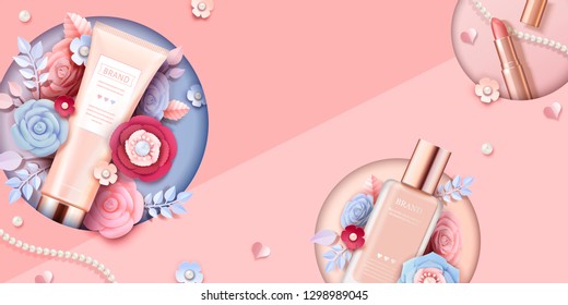 Cosmetic makeup ads banner with beautiful paper flowers in peach pink