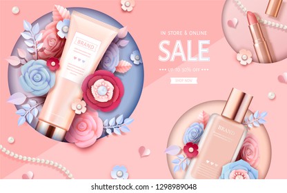 Cosmetic makeup ads with beautiful paper flowers in peach pink