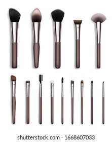 Cosmetic Makeup Brush Realistic Set Of Face And Eye Beauty Tools Vector Design. Powder, Eyeshadow And Blush, Bronzer, Concealer And Foundation Brushes, Brow And Lash Combs, Fan, Flat And Angled Liners