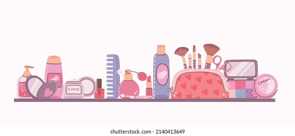 Colección cosmética y de maquillaje. Tubo de crema, lápiz labial, esmalte de uñas, rímel, sombras oculares, cepillo. Iconos de estilo dibujados a mano plana. Cosas de mujeres, concepto de accesorio de chicas.