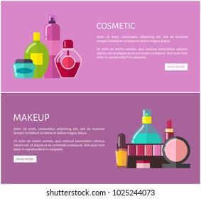 Cosmetic and makeup, collection of web pages, set of products used by women, eyeshadows and lipstick, creams lotions, isolated on vector illustration