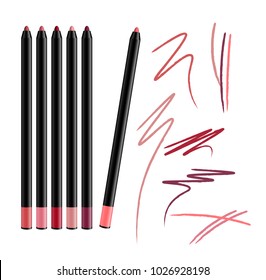 Cosmetic Make-up Eye liner Set Pencils Vector Isolated on White Background. Collection of lipliner pens for contour in glamour luxury vogue style. Color smear samples pencil stroke.