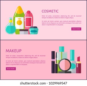 Cosmetic and makeup means Internet promotional pages with bottles and tubes of soft lotions, black mascara and pink blushers vector illustrations.