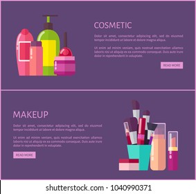 Cosmetic and makeup, pages set with given editable text and leterings, buttons and creams in bottles, brushes in cup, isolated on vector illustration