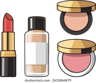 Cosmetic Makeup Product Illustration with Lipstick, Brush, and Compact Elements