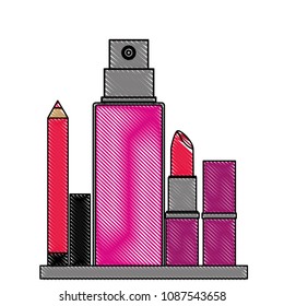 cosmetic makeup products spray bottle eyeliner and lipstick