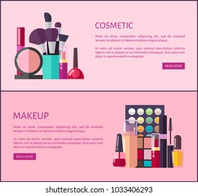 Cosmetic and makeup promo Internet pages. Thick brushes, eyeshadow palettes, black mascaras, glossy lipsticks and nail polishes vector illustrations.