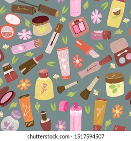 Cosmetic and makeup seamless pattern.  Woman stuff, girls accessories. Face, skin care products. Hand-drawn illustration.