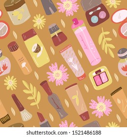 Cosmetic and makeup seamless pattern. Woman stuff, girls accessories.  Cartoon vector sketch of cosmetic. 