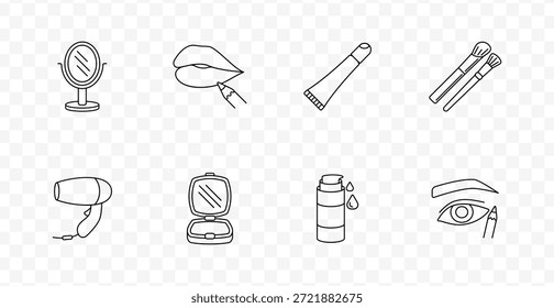 Conjunto de maquillaje cosmético icono. Espejo, labios con lápiz, tubo de crema, cepillos, secador de pelo, compacto, botella de suero, ojo con lápiz en estilo de línea de aplicación de belleza.