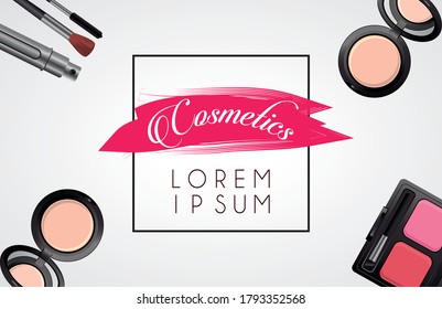 Cosmetic makeup set with lettering in paint vector illustration design