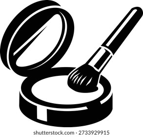 Conjunto de maquiagem cosmética com pó aberto compacto e silhueta de escova de aplicação isolada no branco para marca de beleza