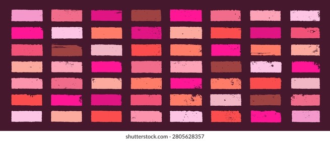 Cosmetic makeup straight brush strokes. Vector lipstick smudge smear set. Red color beauty lip stick mark swatch bg. Make up textured smudge text boxes, stripes, dabs, daubs. Rectangle brushstroke kit