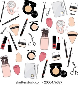 Cosmetic and Makeup Tools set. Cosmetics beauty elements. Hand drawn beauty illustration. Cosmetic sketch. Perfect for cards, flyers, banners, social media. 