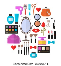 Cosmetic and Makeup Vector flat  Icons Set . Brushes, mirror,  lipstick,  perfume,  eyeshadow. Symbols  for fashion, beauty salon or wellness centers. Women accessories.