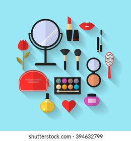 Cosmetic and Makeup Vector flat Icons Set.