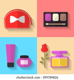 Cosmetic and Makeup Vector flat Icons Set.  Bag, perfume bottle, eye shadows. Beauty  products.