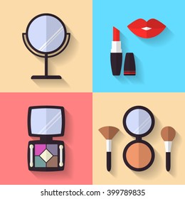 Cosmetic and Makeup Vector flat Icons Set.  Lipstick, eye shadows, powder,  brushes, mirror.  Beauty  products.