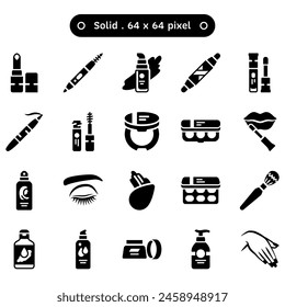 Cosmetic and makeup vector icon set in a solid or glyph style volume1. A collection such as lotion moisturizer, makeup remover, mascara, and mineral water spray. Human made 64x64 pixels icon.