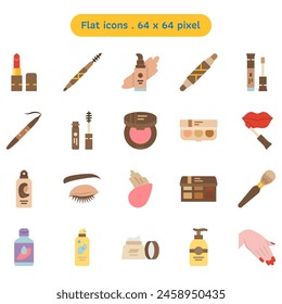 Cosmetic and makeup vector icon set in a flat style volume1. A collection such as lotion moisturizer, makeup remover, mascara, and mineral water spray. Human made 64x64 pixels icon.