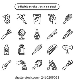 Cosmetic and makeup vector icon set in an outline or line style volume2. A collection such as putting on makeup, round brush, straightening iron, and sunscreen. Human made editable stroke icon.