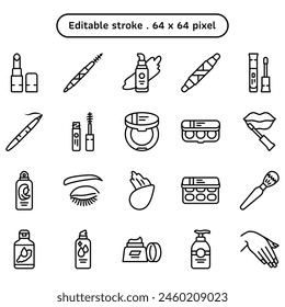 Cosmetic and makeup vector icon set in an outline or line style volume1. A collection such as lotion moisturizer, makeup remover, mascara, and mineral water spray. Human made editable stroke icon.