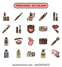 Cosmetic and makeup vector icon set in a filled outline style volume1. A collection such as lotion moisturizer, makeup remover, mascara, and mineral water spray. Human made 64x64 pixels icon.