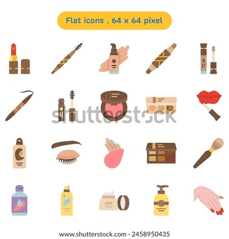 Cosmetic and makeup vector icon set in a flat style volume1. A collection such as lotion moisturizer, makeup remover, mascara, and mineral water spray. Human made 64x64 pixels icon.
