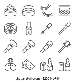 Kosmetischer Make-up Vektorillustration Line Icon Set. Enthält solche Symbole wie Nail Polnisch, Lipstick Mascara, Eyelash und mehr. erweiterter Stroke