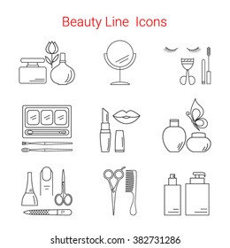 Cosmetic and Makeup Vector  line icons. Beauty logo design elements. Symbols for fashion,  spa, hairdressers or wellness centers. Women accessories.