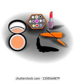 Cosmetic mascara, mirror image, lipstick on shiny reflections