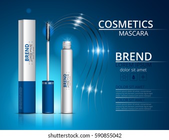 Cosmetic mascara. Packaging design logo on a blue background. Vector illustration.