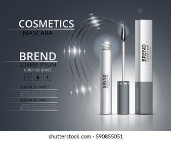 Cosmetic mascara. Packaging design logo on a gray background. Vector illustration.