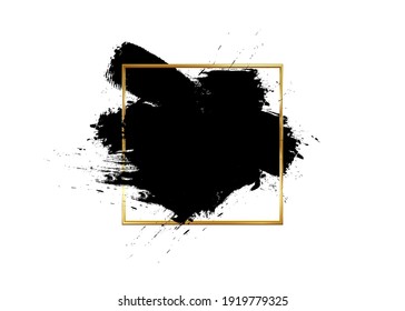 Cosmetic mascara stroke with a gold frame for text. Realistic mascara smears. Black paint brush. Grunge texture stroke in golden square box, vector isolated on white background