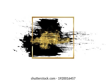 Cosmetic mascara stroke with a gold frame for text. Realistic mascara smears. Black and golden paint brush. Grunge texture stroke in square box, vector isolated on white background