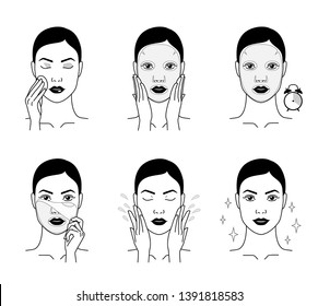 Cosmetic mask for the face. Steps how to apply a face mask. Cosmetics and care. Dark version.