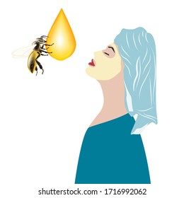 Cosmetic mask honey on the face. Woman with a towel on her head, a drop of honey, a bee - vector. Mental health Quarantine. Beauty health. Personal home care
