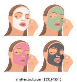 Cosmetic mask on the face. Young girl with cosmetic face mask. Skincare, girl caring for her face, moisturizing facial mask against the black dots. Vector Illustration.