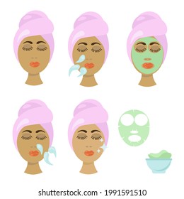 cosmetic mask for skin care, step-by-step instructions for using the cosmetic care product vector illustration