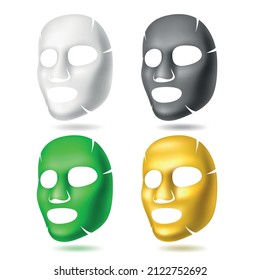 Cosmetic masks. Different facial skincare products. Gold, cotton, charcoal and seaweed face sheets. Detox, cleansing and hydration beauty effects. Vector 3D moisturizing