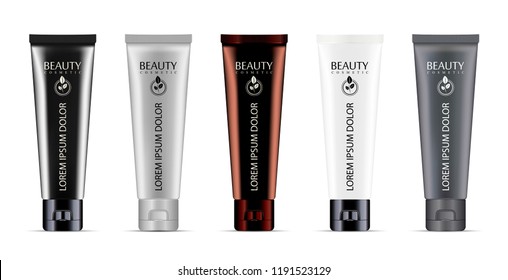 Cosmetic or medicine cream tubes set with different color variations. High quality elite mockup cosmetics template. Jars for cream, toothpaste, ointment, lotion, aftershave, balm, foundation.